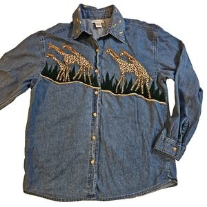 Sara Studio long Sleeve Blue Jean Denim Shirt Giraffe Safari Women's M